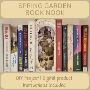 Rincón de libros de primavera para jardín, decoración del hogar imprimible, regalo para estantería, rincón de libros DIY, manualidades de papel, decoración mágica de biblioteca de jardín.