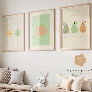 3 Kinderzimmer-Dekorationsdrucke | Set mit 3 Postern | 1 2 3 Früchte | Geschenkidee | Mädchen Junge Baby | sanfte Farben.