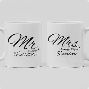 Mr Right & Mrs Always Right Personalised Couple Mugs – Custom His / Hers Coffee Cups – Funny Wedding Gift