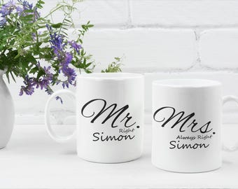 Mr Right & Mrs Always Right Personalised Couple Mugs – Custom His / Hers Coffee Cups – Funny Wedding Gift