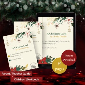 May include: Digital study guides for "A Christams Carol" by Charles Dickens. The image shows a tablet and printed guides with the book title and author. The guides are designed for children aged 9-14, with a parent/teacher guide and a children's workbook.