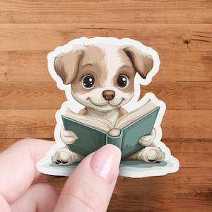 Cute Puppy Reading Book Sticker, Adorable Dog Sticker for Laptops, Water Bottles, Journals, Fun and Unique Sticker for Kids and Adults