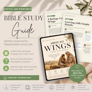 Könnte beinhalten: Ein digitaler und druckbarer Bibelstudienführer mit dem Titel Under His Wings, eine Studie über Ruth. Der Leitfaden enthält Lektionsseiten mit Text, Reflexionsfragen und Bildern von zwei Personen auf einem Feld. Er umfasst Abschnitte für Schriftlesung, Reflexionsfragen und Gebetsanwendung sowie Symbole für den sofortigen Download und Druck.