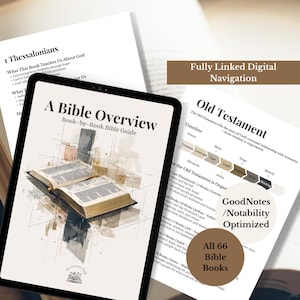 May include: A digital Bible overview displayed on a tablet, with the title "A Bible Overview Book-by-Book Bible Guide." The image also shows printed pages with text about the Old Testament and the 66 Bible books.