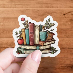 Adesivo per amanti dei libri, adesivo per pila di libri, adesivo per tazza da caffè accogliente, mela e piante, decorazione colorata per libri, adesivo per diario