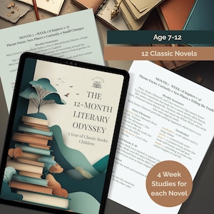 May include: A digital tablet shows "The 12-Month Literary Odyssey" book cover, featuring a book stack and tree illustration. Study guides for 12 classic novels are visible, with text detailing weekly summaries and vocabulary.