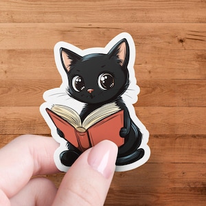 Cute Black Cat Reading Book Sticker, Adorable Cartoon Cat Sticker for Laptops and Water Bottles, Funny Cat Lover Gift Sticker