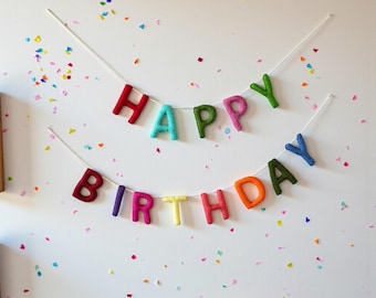 May include: A colorful felt banner spelling "HAPPY BIRTHDAY" is strung across a white wall. The letters are in various colors, including red, blue, green, and orange. Confetti is scattered around the banner, and two balloons are visible at the bottom.