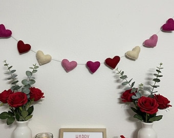 Valentines Hearts Decor Garland, Handmade Wool Felt Hearts Home Decor and Gifts