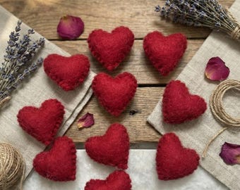 Wool Felt Hearts Red, Set of 3 | Valentine’s Day Bowl Filler | Tiered Tray & Shelf Decor | Handmade Wool Felt Hearts | Small Valentine Gift
