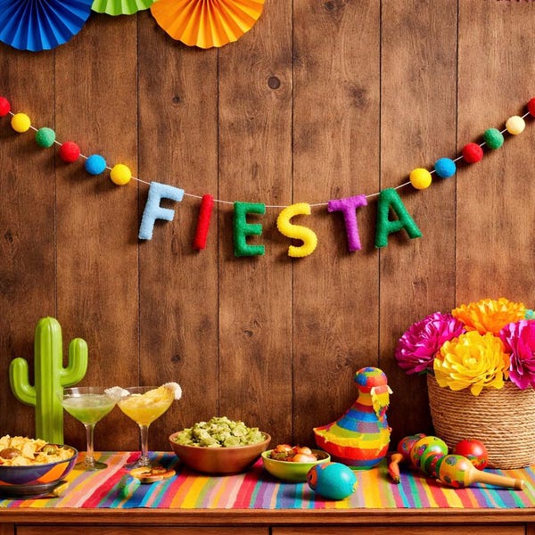Guirnalda de fieltro para el Cinco de Mayo – Decoración para fiestas – Guirnalda colorida con la palabra "FIESTA" – Decoración para fiestas mexicanas – Guirnalda de pompones