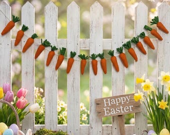 May include: A festive Easter scene featuring a white picket fence adorned with a carrot garland. A wooden sign reads "Happy Easter." Baskets hold colorful eggs, flowers, and a bunny figurine, creating a cheerful spring display.