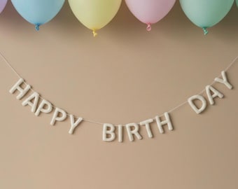 Handmade Felt Happy Birthday Garland, Neutral Party Decor