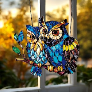 Owl Acrylic Window Hanging, Decorative Faux Stained Glass Owl, Bird Lover Gift, Unique Home Decor, Owl Ornament, Owl Wall Art Suncatcher