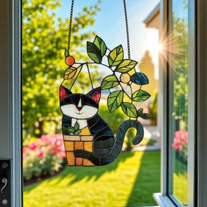 Katze im Blumentopf Acryl Suncatcher, Fensterschmuck im Glasmalerei-Stil, niedliches Wohnkultur-Geschenk für Katzenliebhaber, Wand- und Blumentopfdekor