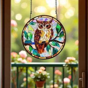 Owl Acrylic Suncatcher Stained Glass Style Window Hanging, Unique Owl Ornament, Christmas Tree Decoration, Gift for Mom, Her or Home Décor