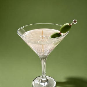 May include: A clear liquid cocktail in a conical glass with a long stem and a circular base. Two green olives are skewered on a silver metal pick with a spherical top, resting across the rim of the glass. A thin wooden toothpick is visible inside.