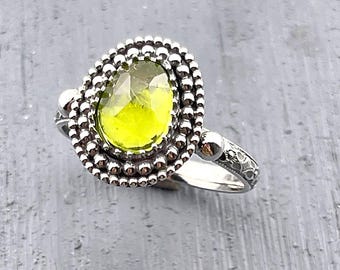Sterling Peridot Ring, Custom Sized Bohemian Gypsy Ring