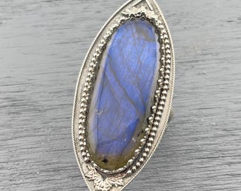 Labradorite Statement Ring with Bat and Flowers, Gothic Style
