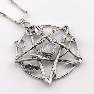 Sterling Pentagram Pendant with Rainbow Moonstone, Wiccan Witchy Jewelry