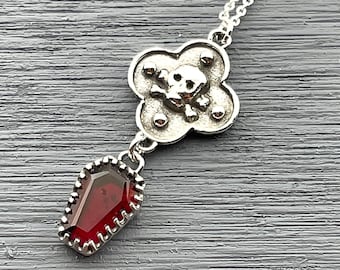 Silver Garnet Coffin and Skull Pendant, Macabre Dangle Necklace