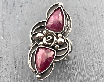 Gothic Ruby Silver Ring, Custom Sized Gemstone Fantasy Ring