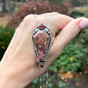Tiffany Stone Coffin Pendant with Garnets, Elegant Memento Mori Jewelr,y Silver Custom Length Chain, Gothic Necklace, Macabre Jewelry