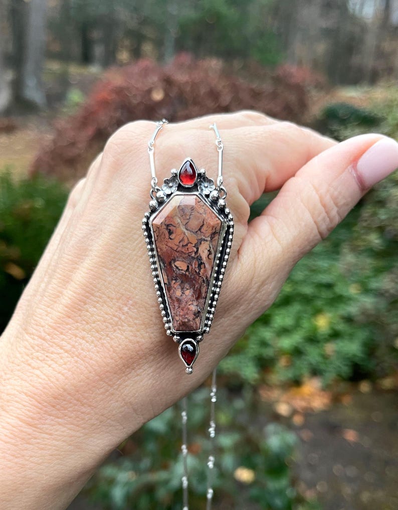 Tiffany Stone Coffin Pendant with Garnets, Elegant Memento Mori Jewelr,y Silver Custom Length Chain, Gothic Necklace, Macabre Jewelry