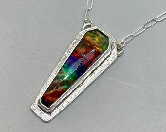 Ammolite Coffin Pendant, Custom Length Chain, Memento Mori Jewelry, Rainbow Necklace, Spooky Jewelry, Coffin Shape Jewelry