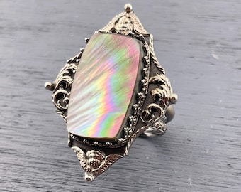 Tahitian Mother of Pearl Fantasy Ring, Sterling Silver Ornate Victorian RIng
