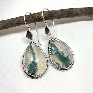 Moss Agate Silver Dangle Earrings, Unique Bold Gemstone Earrings
