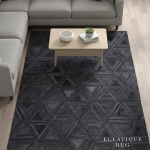 Black Cowhide Checkered Rug – Cow Skin Leather Patchwork Carpet for Living Rooms