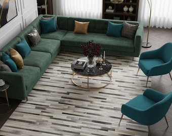 Grey Cowhide Rug – Striped Cow Skin Hair-On Leather Patchwork Carpet for Living Room Decor