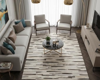 Grey Cowhide Striped Rug – Cow Skin Hair-On Leather Patchwork Carpet for Living Rooms