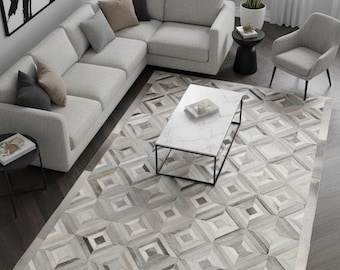 Grey Cowhide Area Rug – Handmade Hair-On Leather Patchwork Carpet for Living Rooms
