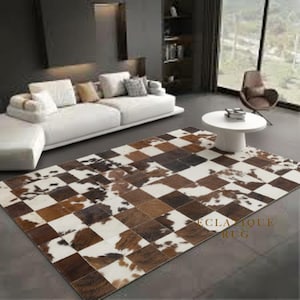 Brauner Rindsleder Teppich - Geflochtener Patchwork Teppich für Wohnzimmer