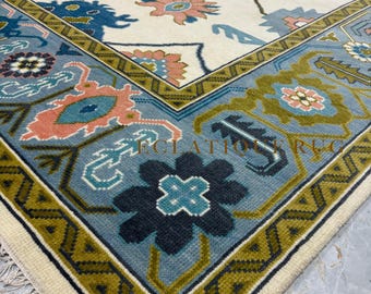 Alfombra Oushak de lana anudada a mano – Alfombra turca vintage de lana de Nueva Zelanda para salas de estar