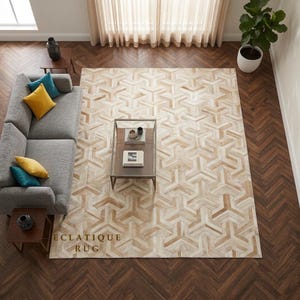 Beige Cowhide Checkered Rug – Hair-On Leather Patchwork Carpet for Living Room Decor