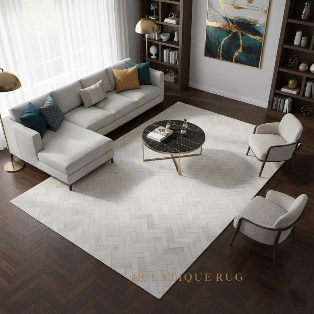 White Chevron Cowhide Area Rug – Handmade Patchwork Leather Carpet for ...