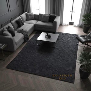 Black Cowhide Chevron Rug – Cow Skin Hair-On Leather Patchwork Carpet for Living Rooms