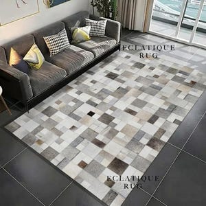 Cowhide Grey Patchwork Area Rug – Genuine Hair-On Leather grey Tiles for Modern Farmhouse Homes