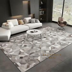 Tapis à carreaux en cuir de vachette gris - Moquette en patchwork de cuir pour salon moderne