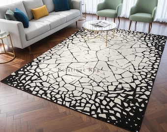 Alfombra de lana tejida a mano – Alfombra moderna con textura abstracta en blanco y negro para salas de estar