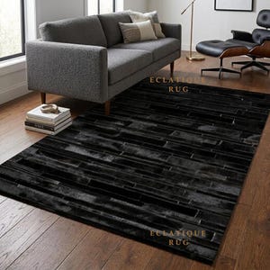 Black Cowhide Striped Rug – Hair-On Leather Patchwork Carpet for Modern Living Room Decor