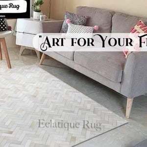 White Chevron Cowhide Rug – Handmade Leather Carpets | Natural Hair-On Cowhide Area Rug, Patchwork Rug for Living Room, Bedroom, Gift Decor