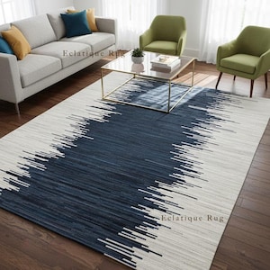 Alfombra de piel de vaca azul y blanca: alfombra de patchwork de piel de vaca a rayas con pelo para sala de estar.