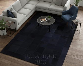 Black Cowhide Checkered Rug – Cow Skin Hair-On Leather Patchwork Carpet For Living Rooms