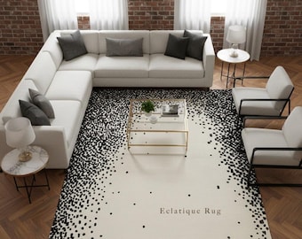 Alfombra moderna de lana tejida a mano – Alfombra abstracta de lana en blanco y negro para salas de estar