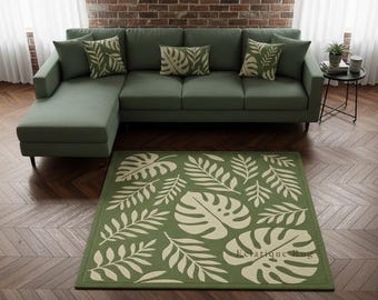 Hand-Tufted Olive Green Wool Area Rug – Botanical Leaf Design Carpet for Living Room Decor