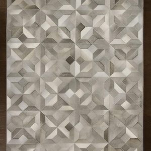 Handmade Grey Cowhide Patchwork Rug – 3D Geometric Leather Carpet for Living Room